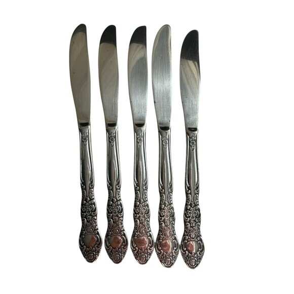 Vtg International INS154 Knives Solid Roses Set Of 5 Stainless Flatware Floral - Picture 1 of 11